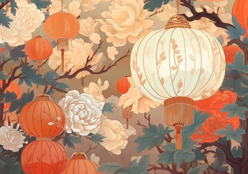 中国风淡雅国潮风花丛中秋灯笼工笔画植物手绘背景,插画/手绘图,插画/手绘图库,插画/手绘图下载,插画/手绘